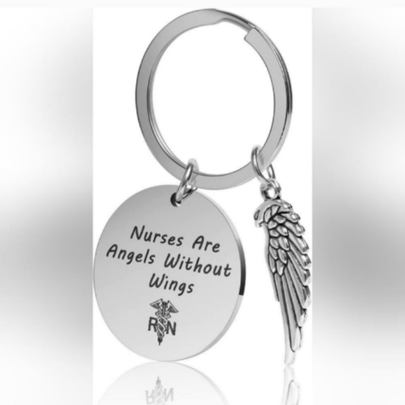 NURSES are Angels without Wings Keychain with attached Wing Silvertone - Picture 2 of 4